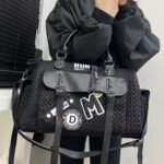 Women’s Y2K Checkered Nylon Tote Bag – Detachable Strap & Charm