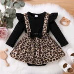 Newborn Baby Girl Leopard Romper Dress Long Sleeve Bow 0-18 Months
