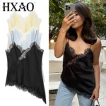 HXAO Lace Asymmetrical Sleeveless Top – Black Y2K Backless Camisole 2025