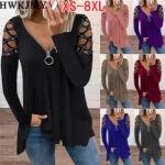 Women's Fashion Casual Clothes Off Shoulder Long Sleeve Tops V-neck Zipper Tees LadiesT-shirt Loose Cotton Shirts 5XL